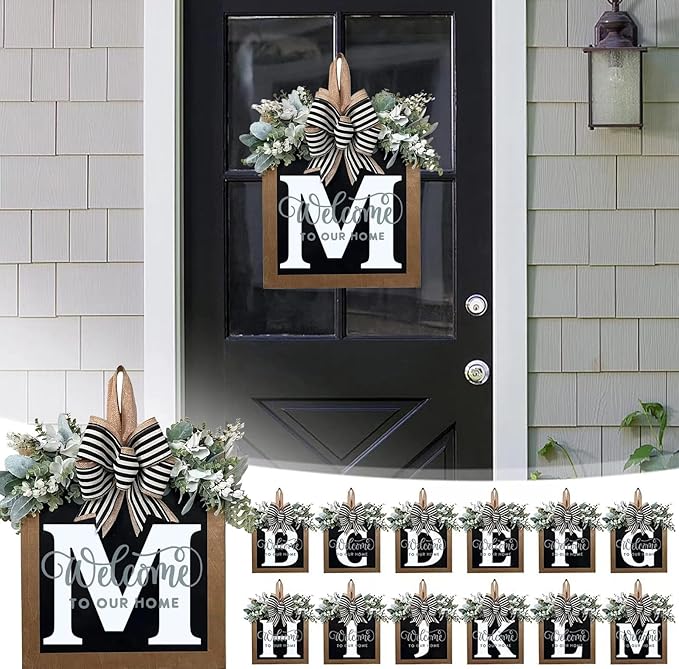 Last Name All Year Round Front Door Garland, Front Porch Decoration 26 Letter Welcome Garland and Eucalyptus and Bow Suitable for Spring Summer Winter Used for Front Door Hanging Garland (M)