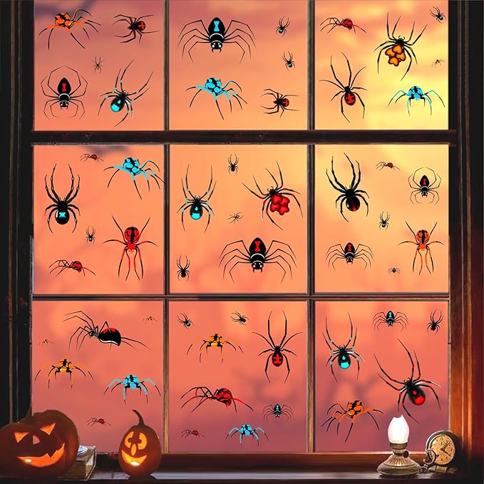 80 PCS Halloween Spider Mirror Decals Halloween Window Decoration Clings Removable Double-Sided Spooky Glass Stickers for Haunted House Indoor Outdoor Scary Static Clings for Holiday Party Decor
