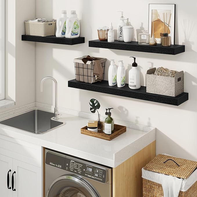 fuqing Floating Shelves for Wall, Wall Mounted Wood Floating Shelf with Invisible Brackets for Living Room, Bathroom, Bedroom, Kitchen Storage and Decor, 30 Inch Set of 2, Black