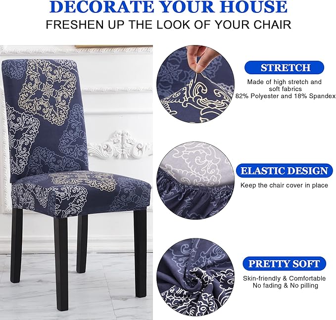 Sufdari Dining Chair Covers,Kitchen Chair Cover,Parsons Chair Slipcover,Spandex Chair Protectors for Dining Room Stretch Chairs Cover Set of 6 -Blue Geometric