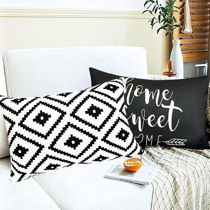 Decorative Throw Pillow Covers 12x20 inch Set of 4 Black White Pillow Covers for Couch Sofa Bed Living Room,Farmhouse Outdoor Throw Pillow Cover,Geometric Linen Square Throw Pillow Cases