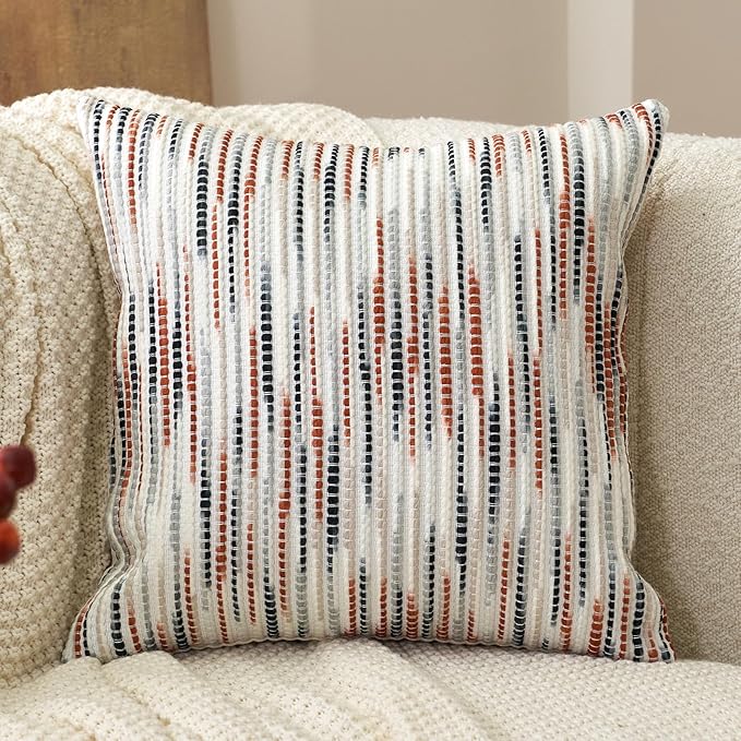 Aeckself Boho Striped Pillow Cover 20x20, Decorative Square Throw Pillow Cover Chenille Neutral Pillowcase for Couch Bedroom Living Room, Orange Gray