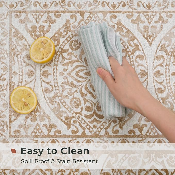FRESHMINT 2 Piece Set Boho Kitchen Mats for Floor Bohemian Distressed Anti Fatigue Kitchen Rugs Vintage Farmhouse Cushioned Kitchen Runners for Standing Waterproof & Non-Skid Comfort, Khaki Tan