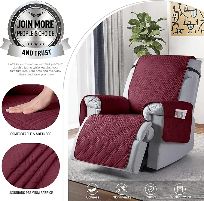 TAOCOCO 100% Waterproof Recliner Chair Covers, Non Slip Recliner Covers for Recliner Chair with Pocket, Washable Reclining Chair Cover Furniture Protector for Kids,Dogs(25'', Wine)