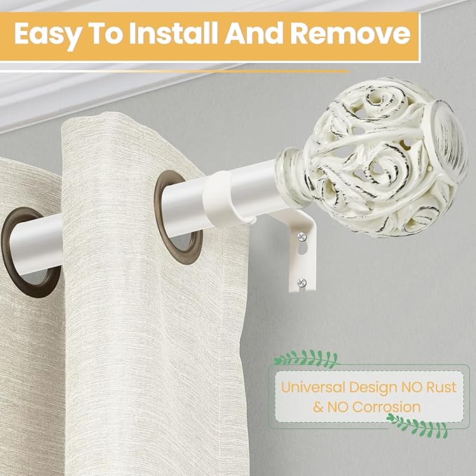 1 Inch Curtain Rod For Windows 28 to 48 Inches, Heavy-Duty Adjustable Decorative Curtain Rod With Rattan Leaf Hollow Finials For Bedroom And Living Room White