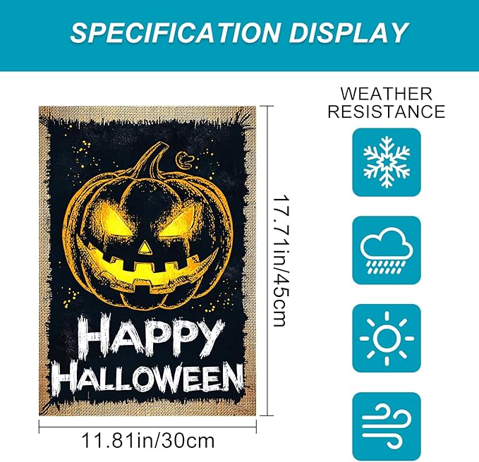 Halloween Garden Flag Burlap Style 12x18 Inch Happy Halloween Pumpkin Banner Vintage Jack O Lantern Yard Flag Double Sided Rustic Fall Outdoor Decor Spooky Porch Lawn Holiday Welcome Sign