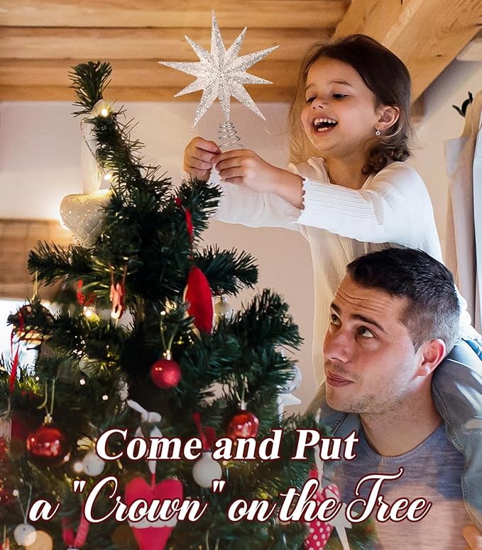 Luxspire Christmas Tree Topper, Lighted Star Tree Topper with USB Plug-in & Remote Control, 9.8" Christmas Tree Star Lights for Home Holiday Decor, 6H Timer & 8 Lighting Modes, Silver