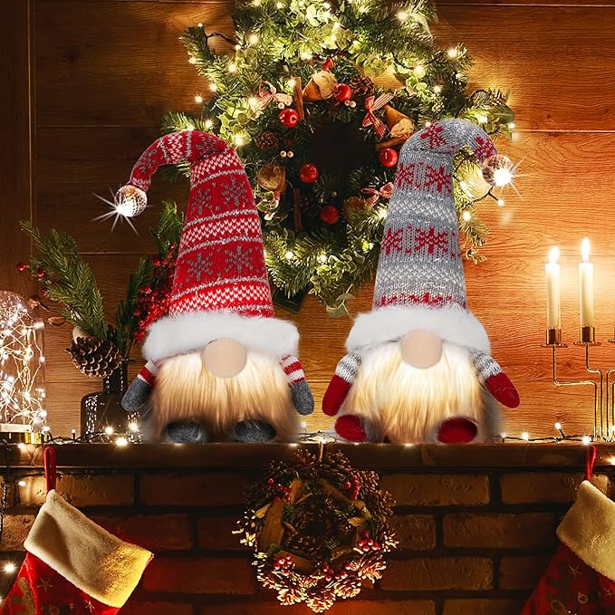 Gloween Christmas Gnomes Santa Decorations, Lighted Handmade Swedish Tomte, Light Up Plush Elf Holiday Present Gift Scandinavian Tabletop Christmas Decorations, Pack of 2…