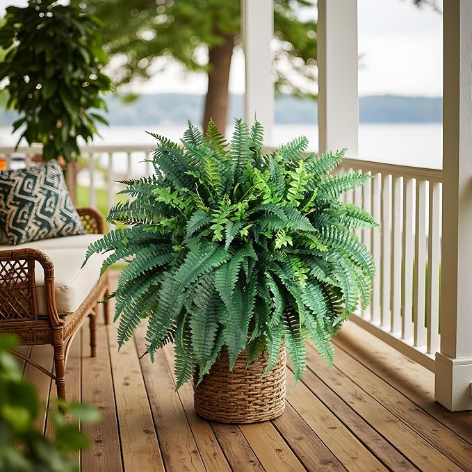 Fake Ferns Artificial Ferns for Outdoors Large Faux Ferns UV Resistance for Outdoor Large Planter Realistic Artificial Boston Fern Plants for Garden Balcony Terrace Decor 25.6In,2Pack,60Leaves