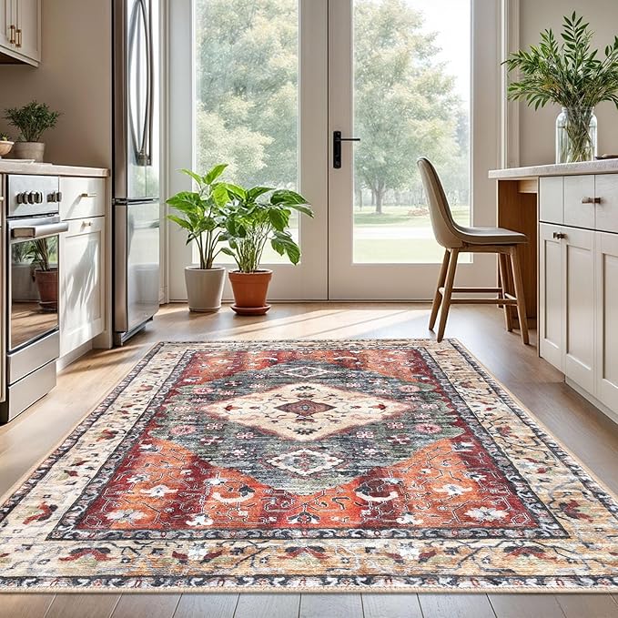 KOZYFLY Boho Area Rug 5x7 Ft Thin Rugs for Living Room Washable Bedroom Rug Non Slip Rugs for Living Room Rust/Orange/Blue Printed Faux Wool Vintage Bedroom Rug Floor Carpet for Dining Room