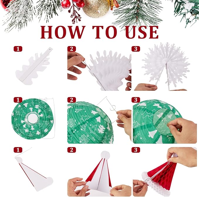 Christmas Hanging Decorations, 12 PCS Paper Lanterns, Honeycomb Christmas Trees, Hanging Paper Fans, Red Green Gold White Holiday Party Supplies for Home Xmas Holiday Party