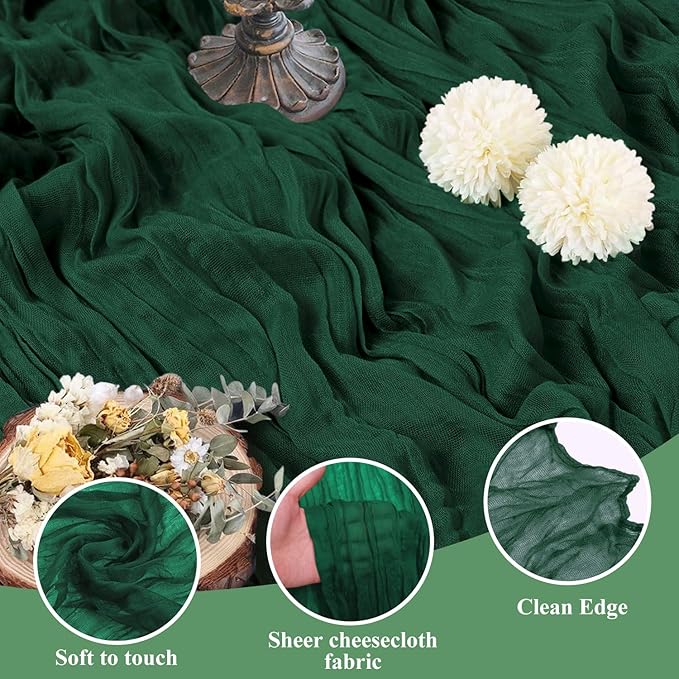 Asee'm 12PCS Table Runner Cheesecloth Christmas 10FT Emerald Green Boho Gauze Fabric Rustic Sheer Cheese Cloth Runners for Wedding Bridal Shower Party