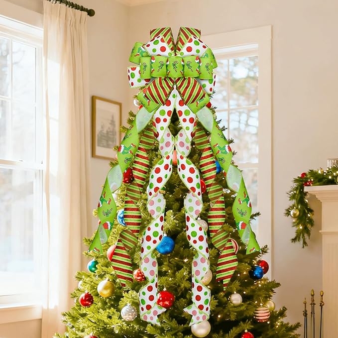 Christmas Tree Topper 48" x 13", Red Large Velvet Bow with Long Streamers, Wired Edge Decorative Bow for Wreath Door Holiday Party Festival Xmas Decoration Supplies-Green