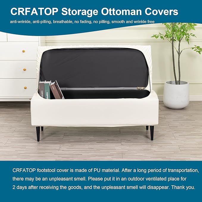 CRFATOP Waterproof PU Ottoman Stool Cover Stretch Folding Storage Footstool Bench Slipcovers Upholstered Foot Chest Chair Covers Washable Entryway Furniture Protector with Elastic Bands,L,White