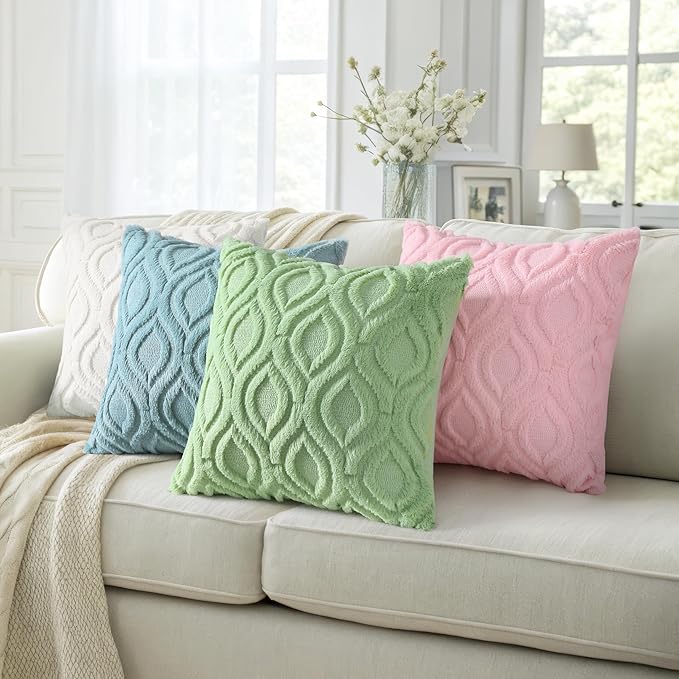decorUhome Throw Pillow Covers 20x20 Inch Set of 2, Soft Plush Faux Wool Light Sage Green Solid Couch Pillow Covers, Accent Farmhouse Neutral Square Pillow Cases for Sofa Bed Living Room