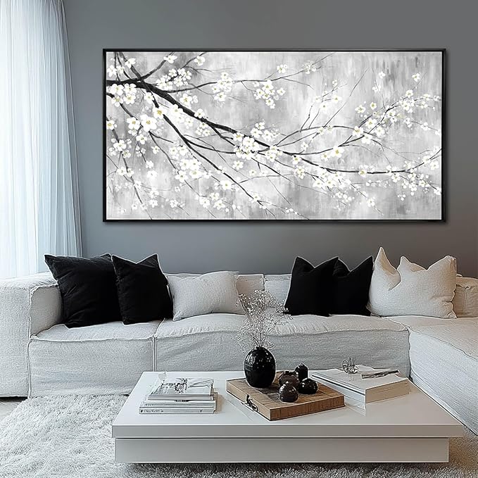WINKAILIN Large 29"x58" White Black and Gold Plum Blossom Canvas Black Frame Wall Art Minimalist Flower Poster Decorative Artwork for Living Room Bedroom Office Kitchen Walls