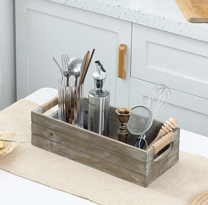 TIMRIS Rustic Wooden Toilet Paper Holder, Farmhouse Bathroom Decor, Toilet Tank Basket, Decorative Storage Container (Rustic Gray)