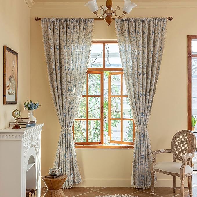 OYX French Beige and Blue Floral Curtains 96 Inch Long 2 Panels for Living Room, Navy Flower Patterned Light Filtering Farmhouse Drapes for Bedroom, Vintage Rustic Country Rod Pocket WindowTreatments