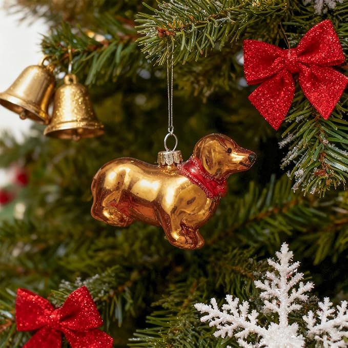 WDS WONDROUS Puppy Ornaments for Christmas Tree, Glass Dog Ornament Cute, Unique Gold Christmas Decor, Xmas Ornaments for Tree Winter Holiday Decor(3.54”)