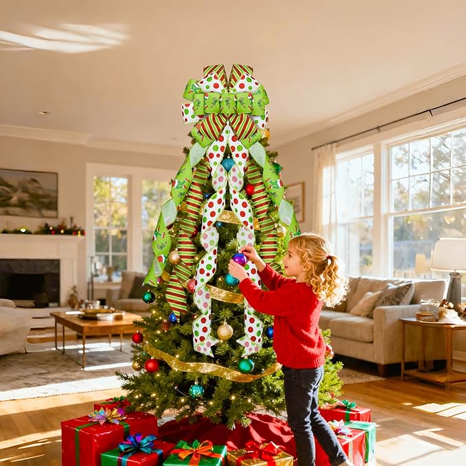 Christmas Tree Topper 48" x 13", Red Large Velvet Bow with Long Streamers, Wired Edge Decorative Bow for Wreath Door Holiday Party Festival Xmas Decoration Supplies-Green
