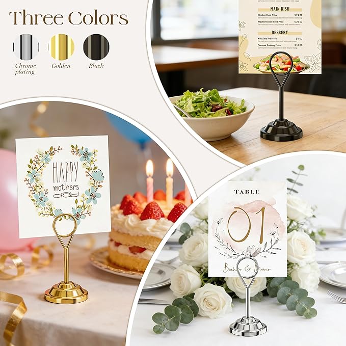 Urban Deco 16 Pieces Table Card Holder Place Card Holders 4 inches Steel Card Holders for Photos, Food Signs, Memo Notes, Weddings, Restaurants, Birthdays (Silver Round)