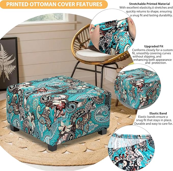 Ottoman Cover Square Slipcovers Printed,Stretch Footrest Stool Cover for Ottoman Square,Soft Foot Stool Cover Protector with Nonslip Elastic Bottom(Medium,Peacock Blue)
