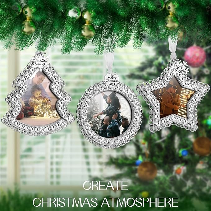 Laraine Christmas Tree Ornaments 3 Pieces – Decorative Hanging 2025 Rhinestones Pendant with Small Picture Frame Insert for Pet Holiday Keepsake Gift (Silver (2025))