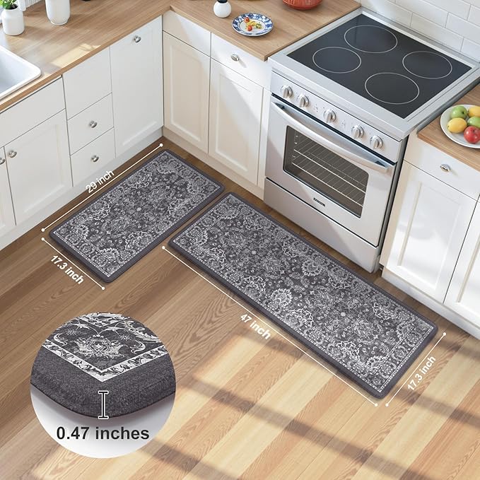 KIMODE Comfort Kitchen Mats for Floor Cushioned Anti Fatigue 2 Piece,Boho Floral Kitchen Rugs Non Slip,Waterproof Memory Foam Kitchen Mat Carpet for Laundry Office Home,Dark Grey 17"x29.5"+17" x47”