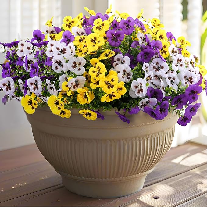 Artificial Fake Pansy Flowers for Outdoor, Faux Silk Pansies Spring Flowers for Outside for Planter Front Door Porch Yard Patio Window Box Home Decor (36, Purple, Yellow, White)