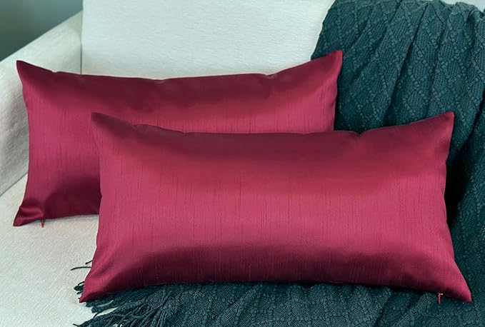 Aiking Home 12x24 Inches Faux Silk Rectangular Throw Pillow Cover, Zipper Closure, Burgundy (Set of 2)