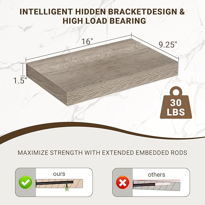 16 Inch Floating Shelves, 3D Textured Wood Grain, 16"x9.25"x1.5" Inch Deep Floating Shelves for Wall, Wooden Shelves for Bathroom, Bedroom, Living Room, Vintage Gray Oak, 2 Pieces