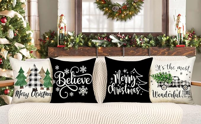 4TH Emotion Buffalo Check Christmas Pillow Covers 16x16 Set of 4 Black White Farmhouse Xmas Decorations Winter Holiday Decor Throw Cushion Case for Home Couch S24C40-16