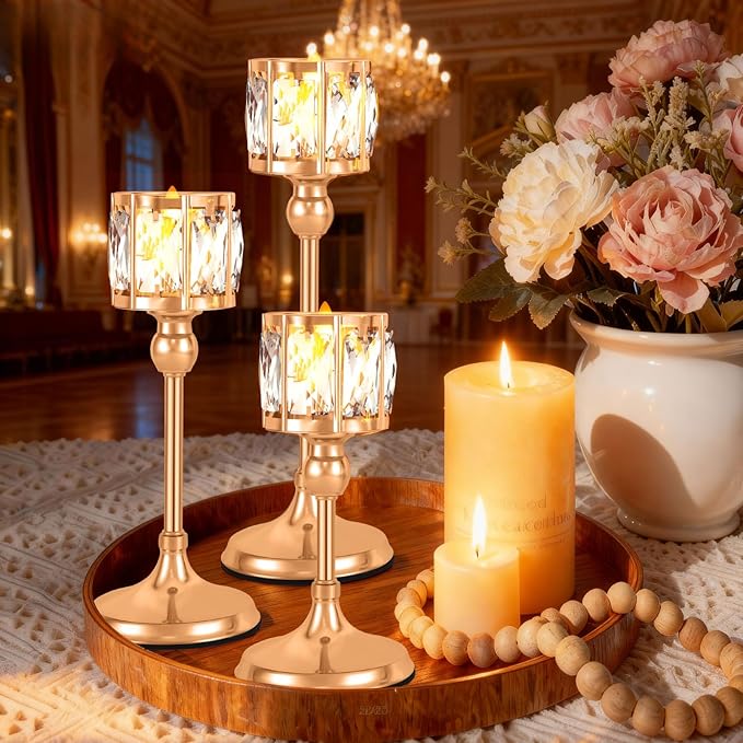 Crystal Tealight Candle Holders,Votive Candle Stands Wedding centerpieces for Tables Crystal Candlestick，Centerpiece Table Decorations (Gold, 4 Sets (12 Pieces))