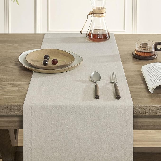 ZeeMart Basic Linen Style Table Runner, 14 x 60 Inch Raw Linen, Rustic Farmhouse Light Beige Table Runners 60 Inches Long, Everyday Polyester Table Runner - Machine Washable & Easy Care