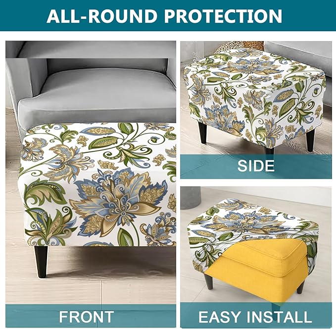KRFOONN Stretch Ottoman Cover Slipcovers Rectangle Fit Length 27"-35" Footrest Stool Covers Printed Ottoman Cover for Foot Stool Furniture Protector with Non Slip Elastic Bottom, Color 18
