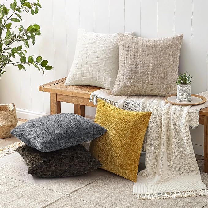 decorUhome Mustard Yellow Chenille Throw Pillow Covers 26x26 Set of 2 Thick Textured Slubby Couch Pillow Covers Farmhouse Accent Modern Neutral Decorative Pillow Cases for Bed Sofa Living Room