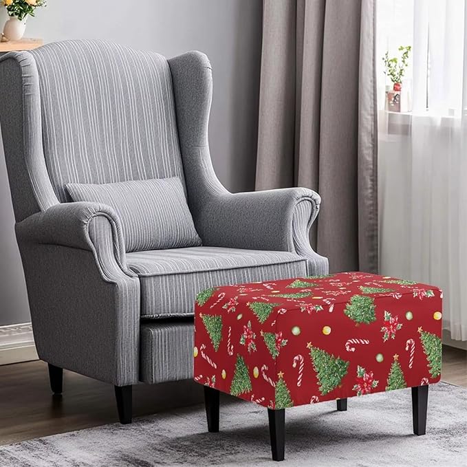 Ottoman Cover Rectangular Christmas Tree Candy Cane Stretch Ottoman Slipcovers Nonslip Storage Footrest Stool Cover Easy Install Furniture Protector for Foot Stool Decor Size L