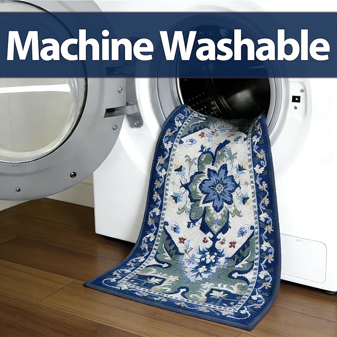 Runner Rug with Non Slip Rubber Backing, Washable Soft Floor Carpet for Kitchen, Hallway, Entryway Indoor, Bedroom, Laundry, Low Pile Area Rugs, Geometric Floral, Blue Pattern, 2' * 6'