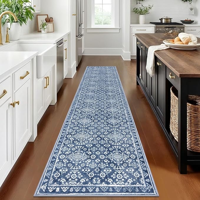Vintage Runner Rugs for Hallway 2x10, Denim Blue White Washable Long Hallway Runner Rug Non Slip, Super Soft Kitchen Runner Rug, Printed Faux Wool Thin Carpet Runner for Entryway Bedroom