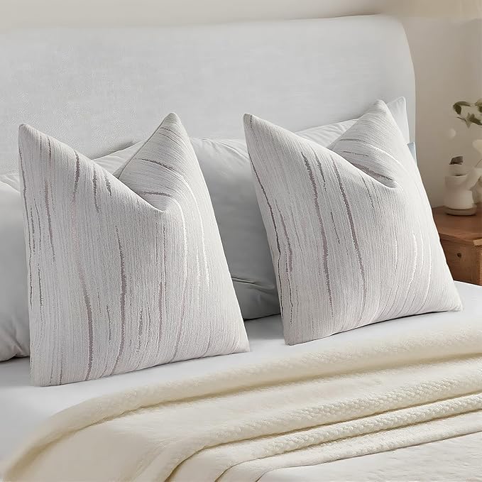 HAUSSY Crey Throw Pillow Covers 16x16 Inch Set of 2, Boho Embossed Striped Textured Decorative Pillowcases Soft Chenille Cushion Cases, Modern Home Decor for Couch Bed Living Room