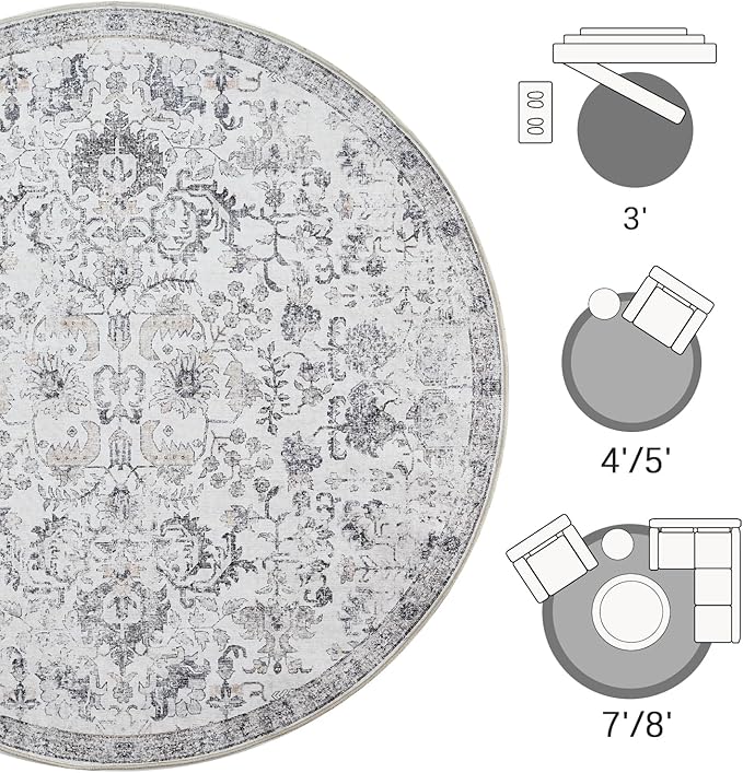 jinchan Kalen Round Rug 5ft Area Rug Washable Vintage Indoor Retro Entryway Floor Cover Distressed Gray Floral 5' Round Circle Boho Non Slip Thin Carpet for Bedroom Living Room Dining Room Grey
