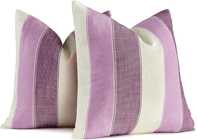 AmHoo Pack of 2 Farmhouse Stripe Check Throw Pillow Covers Set Case Cotton Linen Decorative Pillowcases Cushion Cover for Couch Bench Sofa 16x16 Inch Purple