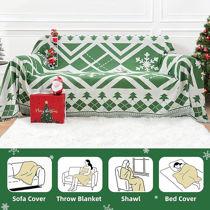 Christmas Couch Cover with Gift Box, Sofa Cover Christmas Tree and Snowflake Design, Sofa Cover for 3 Cushion Couch, Holiday Couch Cover Blanket, Xmas Home Room Festival Decoration, Xmas Gifts