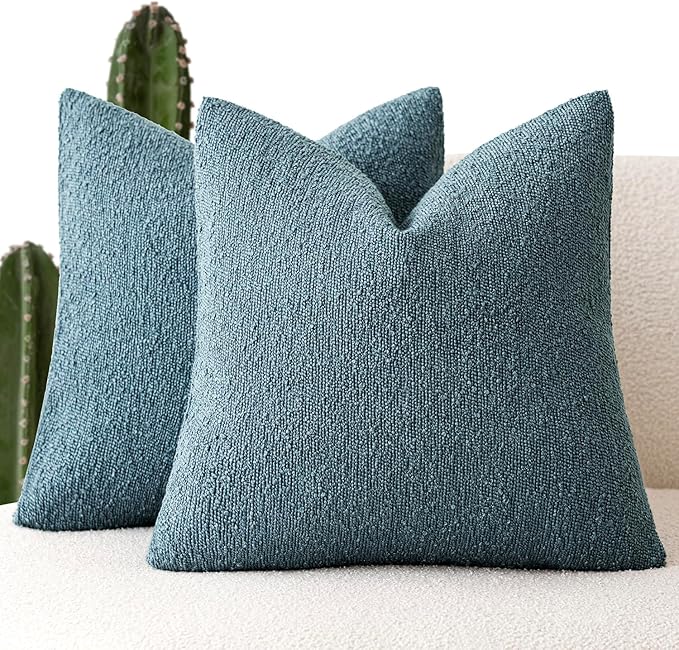 Foindtower Pack of 2, Decorative Textured Boucle Throw Pillow Covers Accent Solid Pillow Cases Cozy Soft Couch Cushion Case for Chair Sofa Bedroom Living Room Home Decor 22x22 Inch Misty Blue