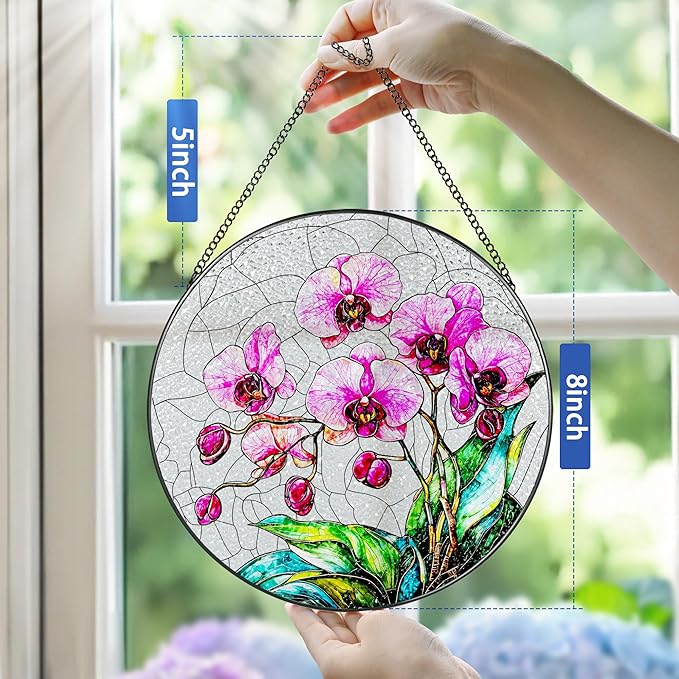 8-Inch Stained Glass Ornament, Stained Glass Window Hanging, Window Hanging Decor Suncatcher, Orchid Flower Ornament | Christmas, Mother's Day, Birthday | Gifts for Mom & Grandma, Flower Lover Gift