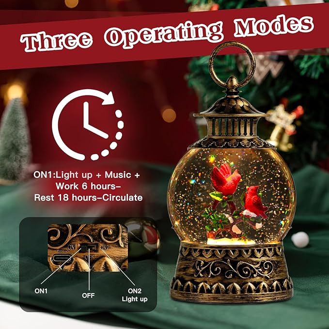 Cardinal Christmas Snow Globe, Cardinal Musical Snow Globe Lantern Lights with 6H Timer Battery & USB Powered, Retro Style Holiday Glitter Globe for Xmas Home Decoration Holiday Party Gifts