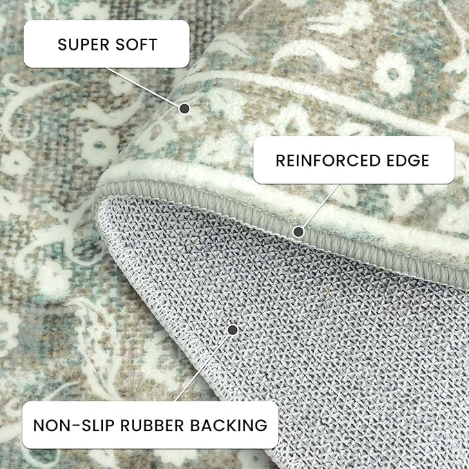 Vintage 3x5 Washable Rug for Entryway, Super Soft Sage Green Beige Entryway Rug Non-Slip, Printed Faux Wool Floral 3x5 Area Rug Thin Floor Carpet for Kitchen, Bedroom, Office, Living Room