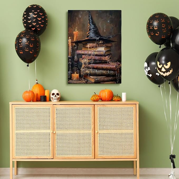 Vintage Halloween Witch Art Canvas Print - Cottage Witchy Hat and Magic Books Wall Art, Witch Painting for Reading Room, Bedroom, Dorm Decor - 08x10inch Unframed