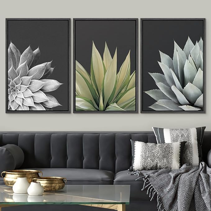 SIGNWIN Framed Canvas Print Wall Art Trio of Echevaria Succulents Floral Plants Photography Modern Art Minimalist Closeup Dramatic Black and White for Living Room, Bedroom, Office - 24"x36"x3 Black