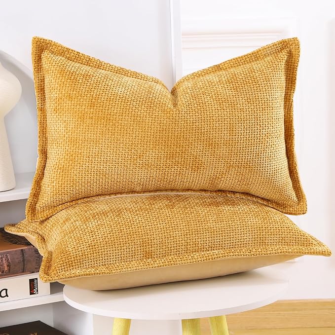 MADIZZ Chenille Velvet Throw Pillow Covers with Flange Set of 2 Super Soft Boho Textured Pillow Covers Decorative Throw Pillowcases Modern Farmhouse Home Decor for Sofa Bedroom Yellow 12x20 Inch